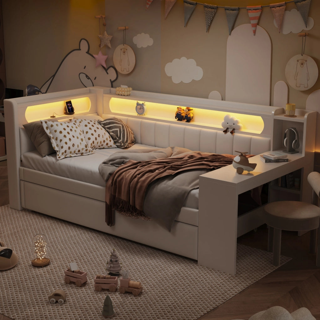 Letto singolo 90x200 con LED, USB, estraibile e scrivania