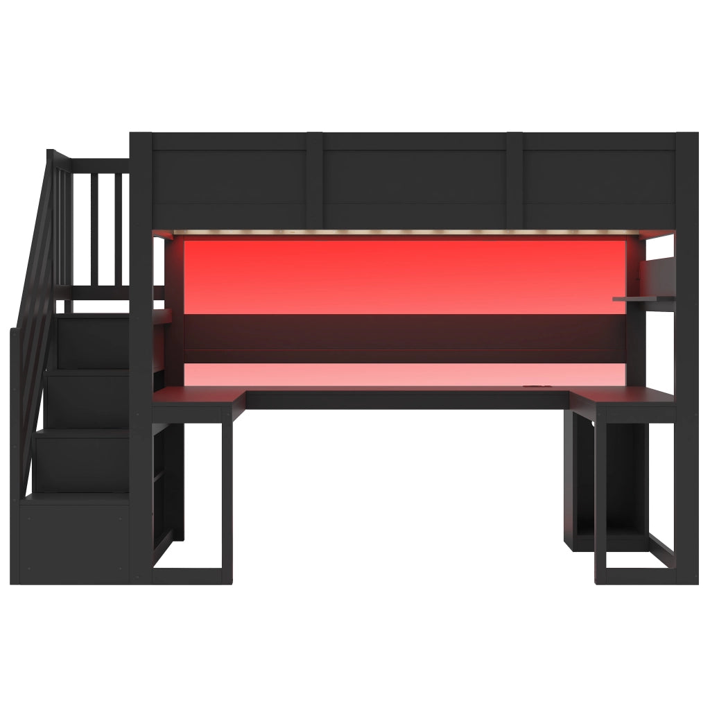 Letto a soppalco 90x200 cm con scrivania integrata; LED e USB; nero