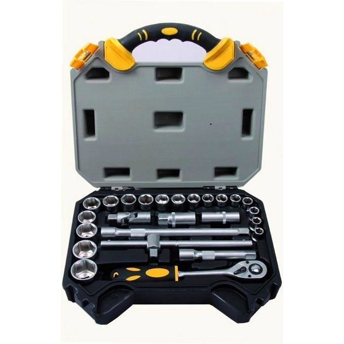 Vigor 35835-40 Cassetta Chiavi a Bussola CRV 1-2'' Esagonali 25 Pezzi con Cricchetto Prolunghe Snodo e Bussole Candele colore Nero