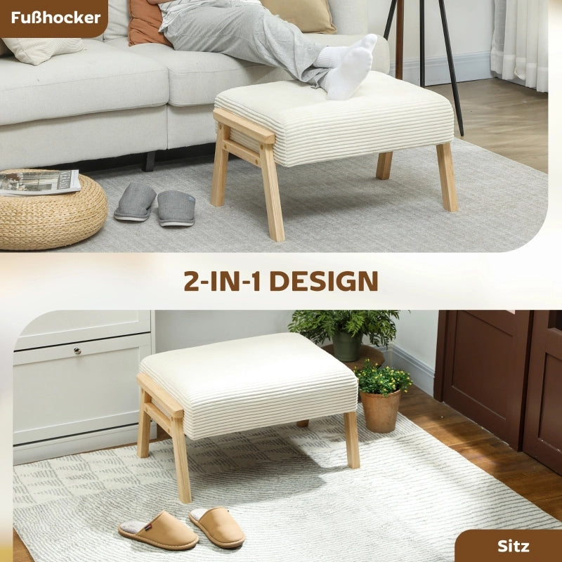 Repose-pied imbottito in Poliestere con gambe in legno, stile retrò, Bianco crema 70 × 46 × 40 cm