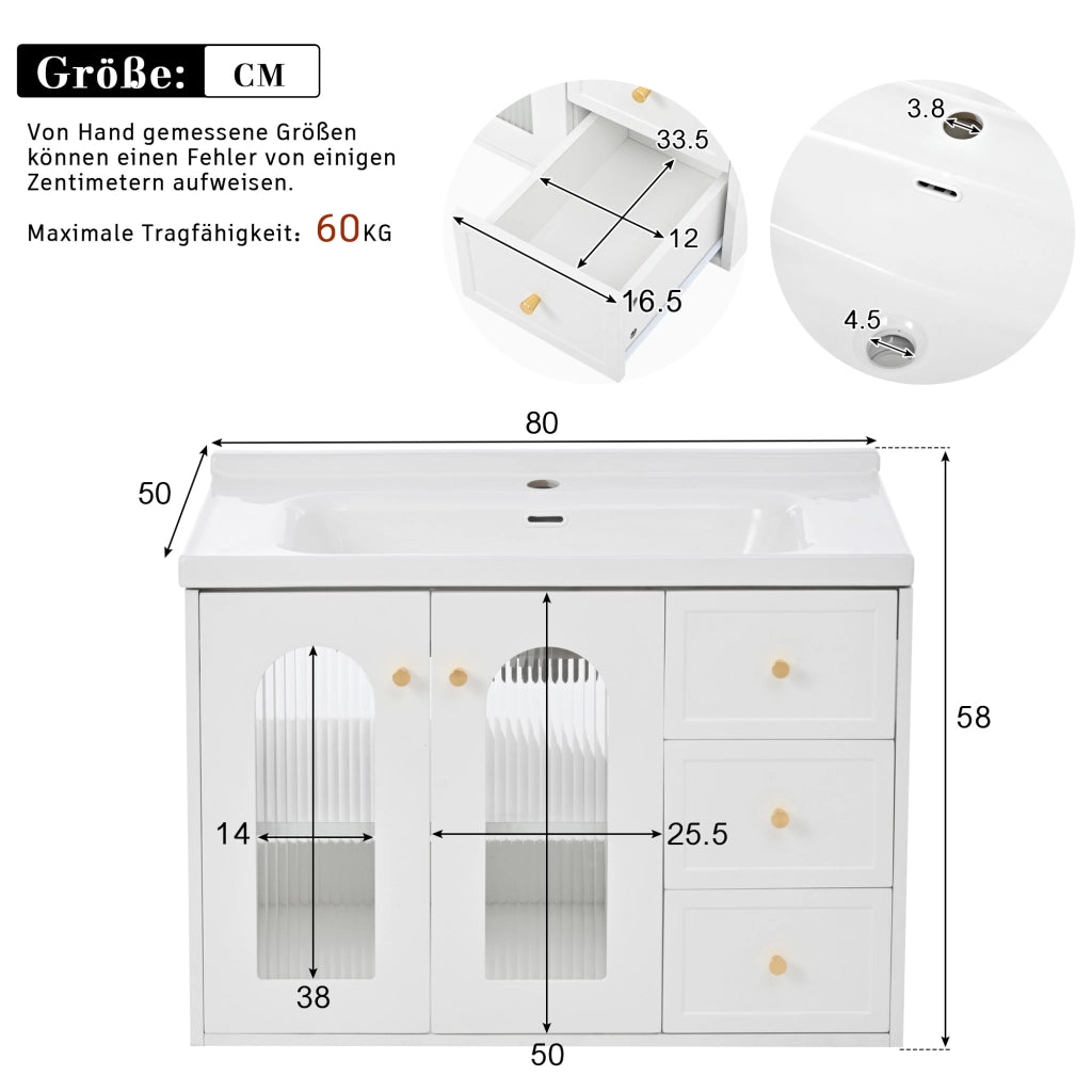 Mobiletto con lavabo sospeso in MDF bianco con 2 cassetti anta in vetro ondulato e ripiani regolabili