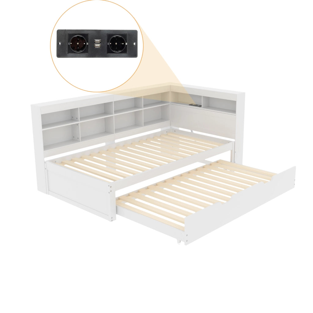 Letto singolo estraibile con presa USB e vani portaoggetti in legno bianco multifunzionale