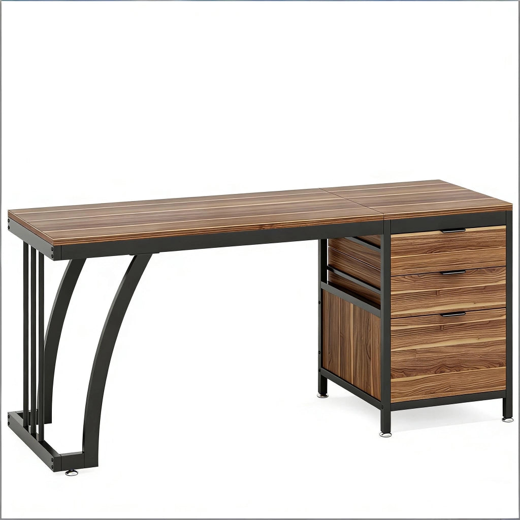 Scrivania dritta con tre cassetti e vano portadocumenti in legno noce e metallo nero 150 × 50 × 75 cm