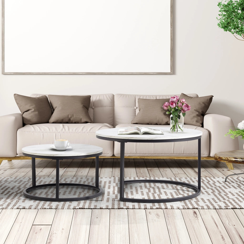 Set di 2 tavolini da caffè impilabili in MDF effetto marmo e ferro; bianco e nero