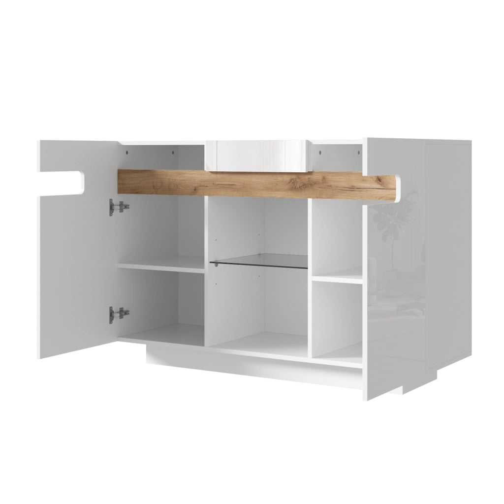 Credenza con 4 vani; 2 ripiani aperti e LED - per soggiorno - 120×40×80 cm - bianco