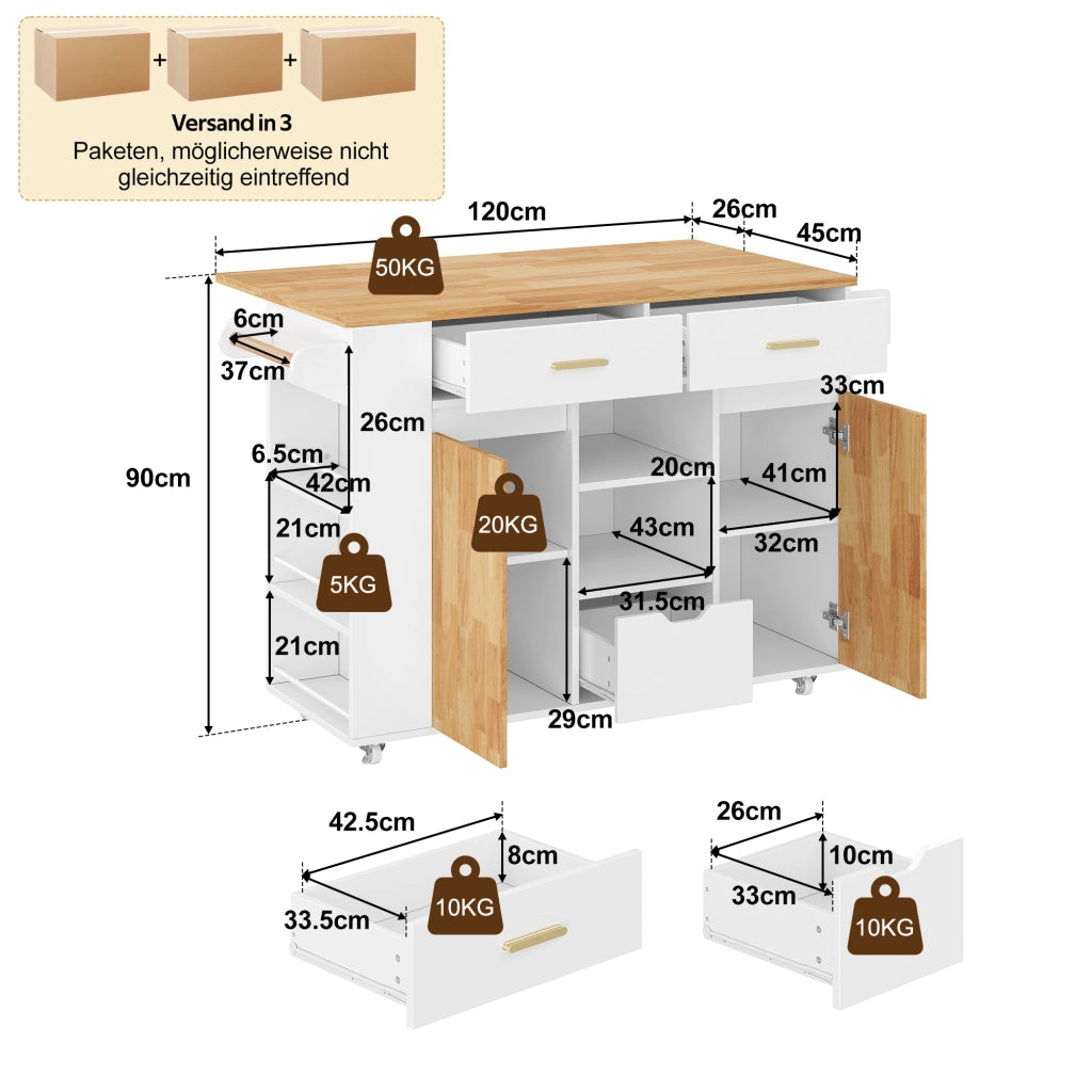 Isola da cucina mobile con piano ribaltabile; 3 cassetti e portaspezie a 3 livelli; bianco; 120x45(71)x90 cm