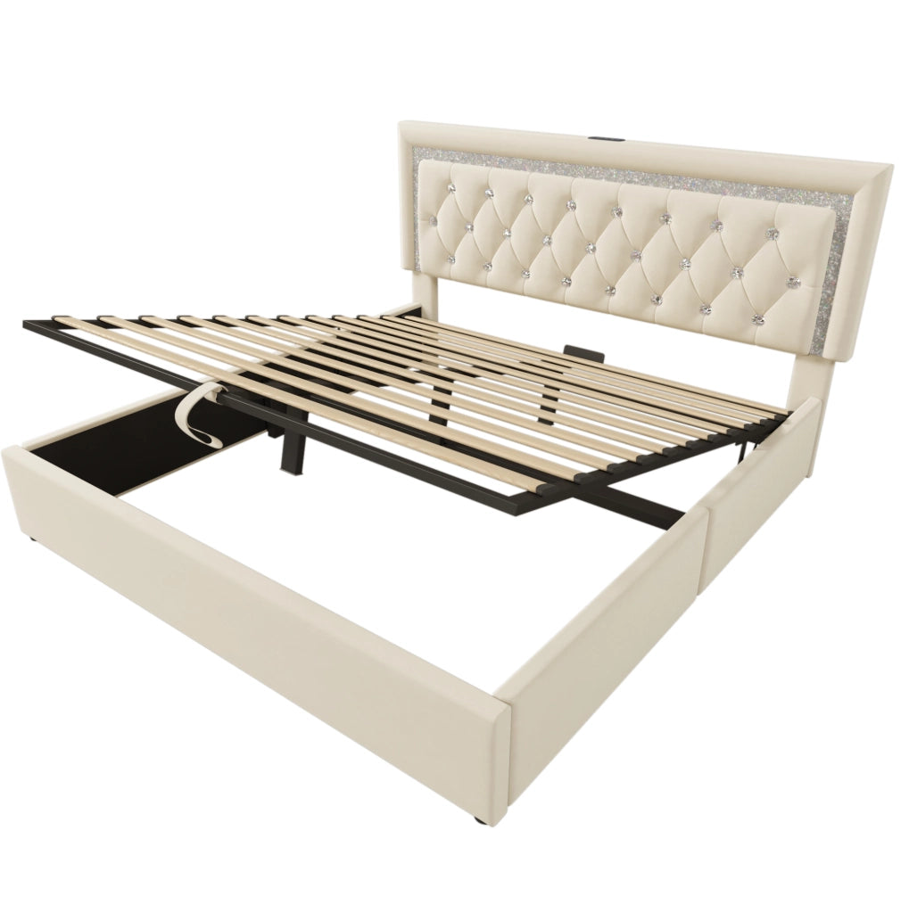 Letto imbottito 160x200 cm in velluto con LED, USB e contenitore