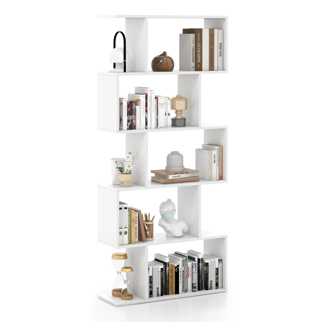 Libreria a 5 Ripiani a Forma di S Scaffale Divisorio Moderno con Dispositivo Antiribaltamento per Soggiorno e Ufficio Bianco