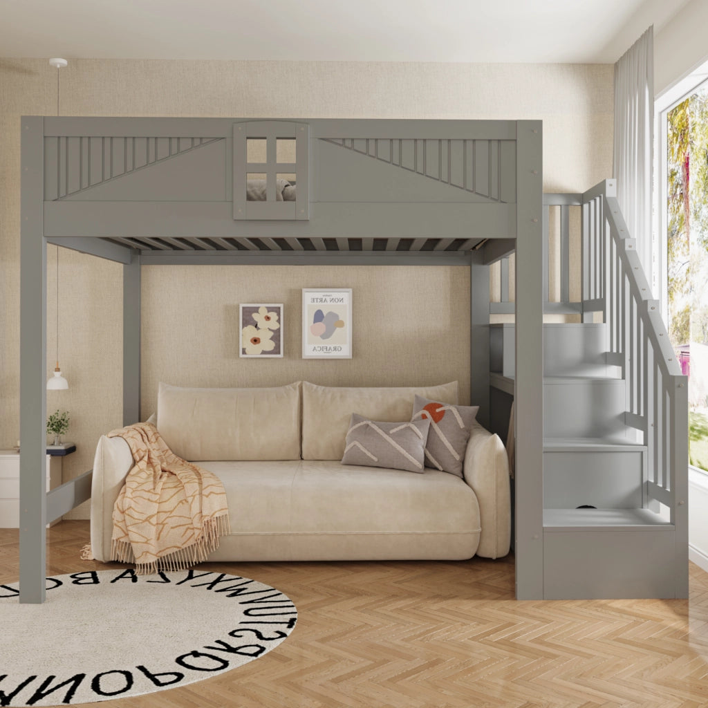 Letto a soppalco 140 x 200 cm - letto multifunzione con scaletta contenitore reversibile, contenitori e sponde con finestra - legno/MDF - grigio