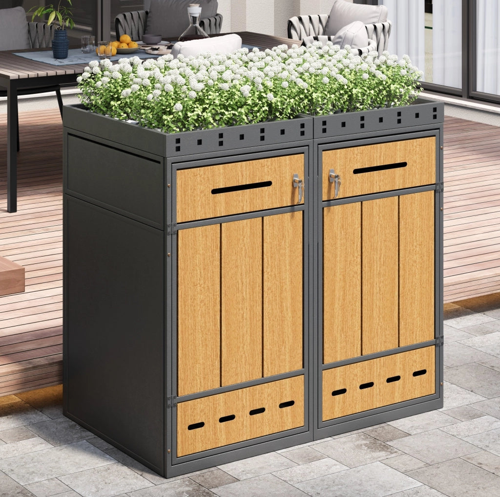 Box per raccolta differenziata da esterno con fioriera; 2 scomparti; acciaio; grigio/effetto legno