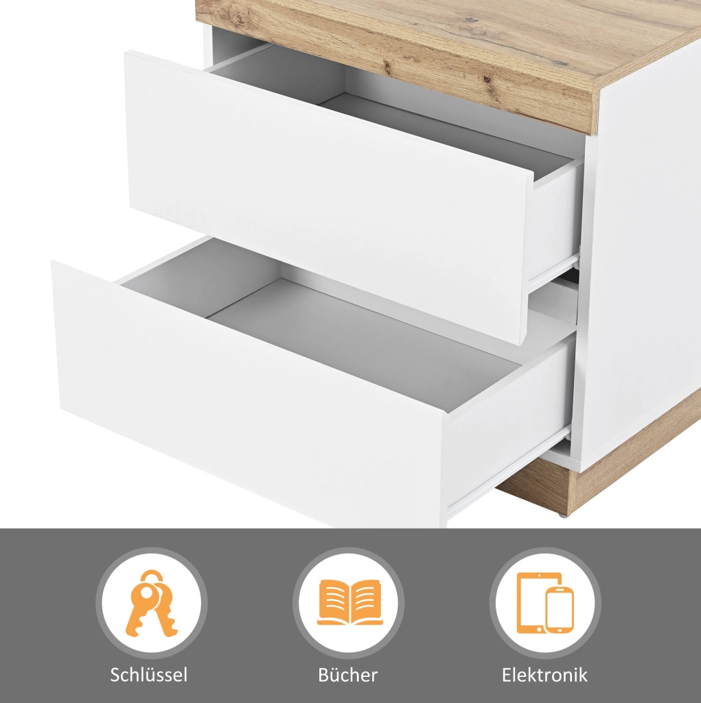 Comodino con due cassetti in pannello E1 effetto quercia e bianco, armadietto per camera da letto