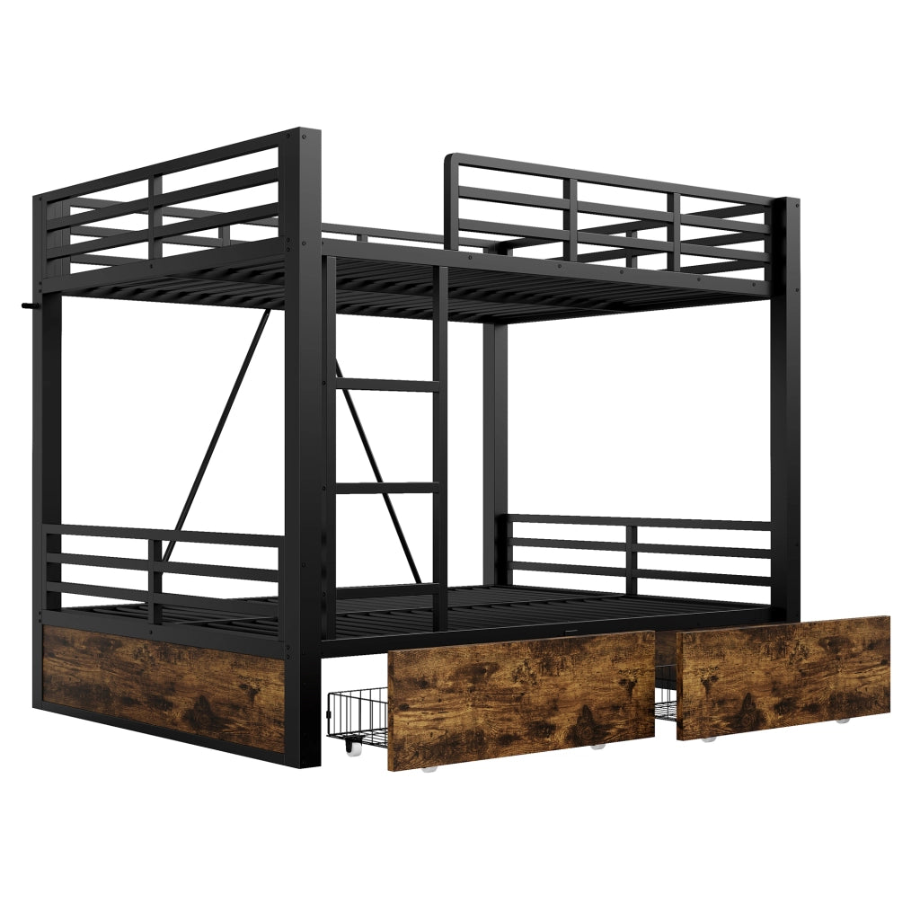 Letto a castello 140 × 200 cm 2 posti con cassetti e scala; senza materasso; in metallo e legno; nero