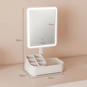 Specchio da trucco con luce LED ricaricabile bianco girevole a 180° con contenitore per cosmetici e cavo tipo C