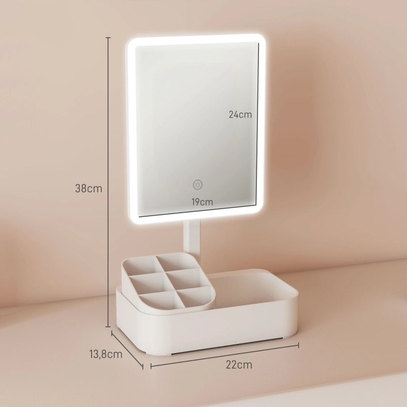 Specchio da trucco con luce LED ricaricabile bianco girevole a 180° con contenitore per cosmetici e cavo tipo C