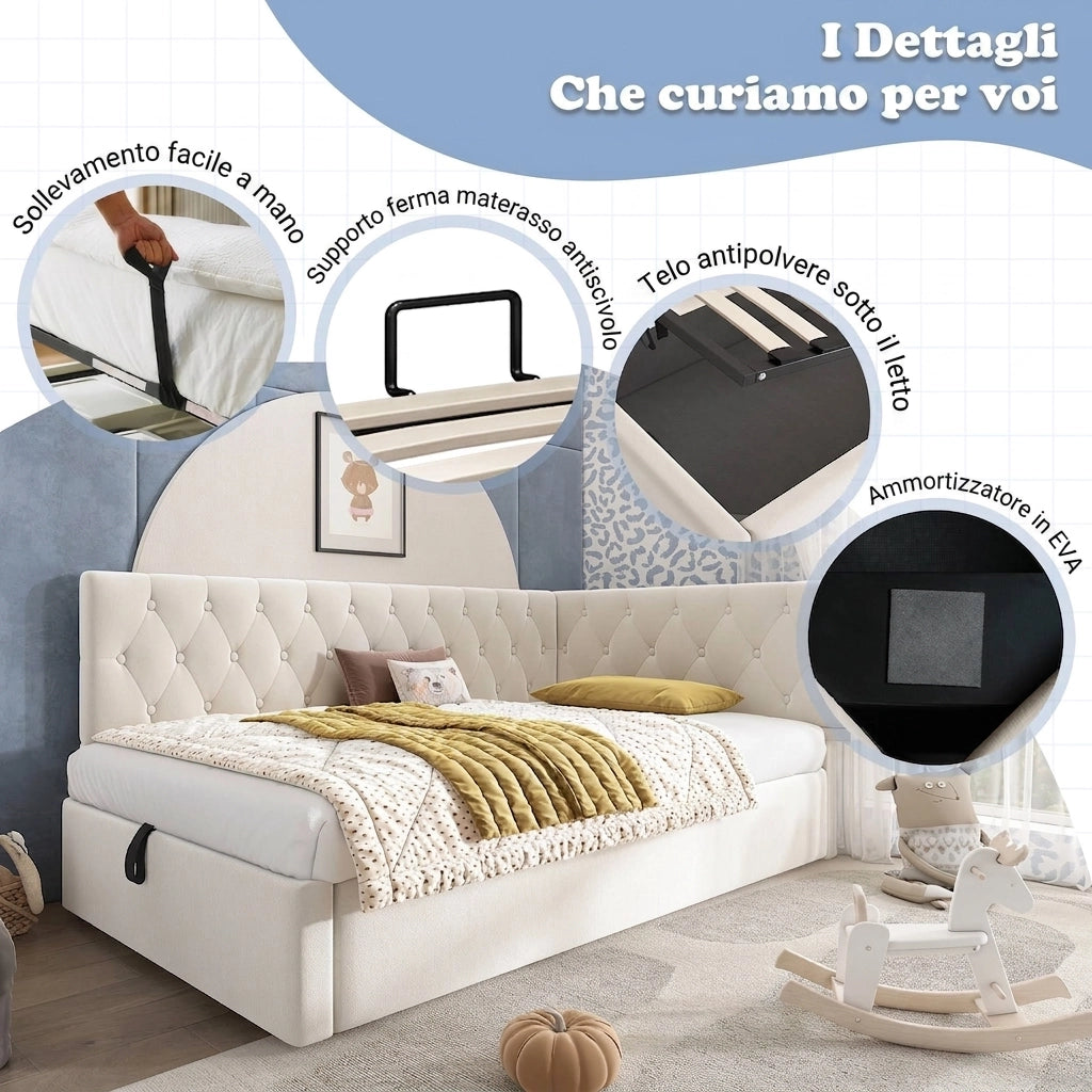 Divano letto singolo 90x200 con contenitore idraulico; letto imbottito in velluto beige