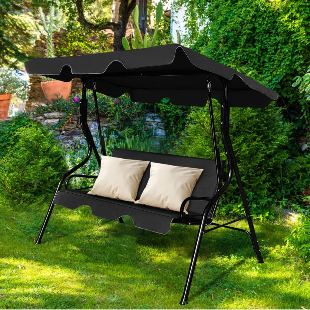 Dondolo a tre posti da giardino con oscurante e telaio in acciaio 172x154x110cm Nero-Dondoli