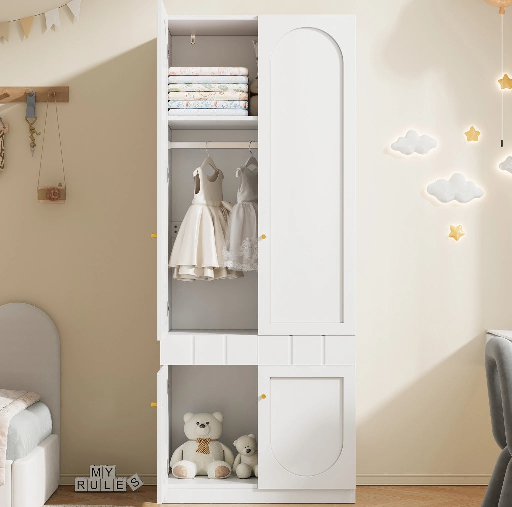 Armadio 2 Ante in Legno 80 x 50 x 200 cm con Cassetti a Pressione Bianco - Ideale come regalo per Halloween e Natale