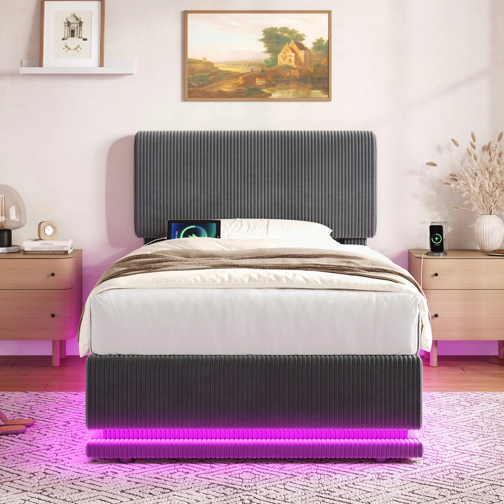 Letto singolo imbottito 90 × 200 cm con LED USB C testiera regolabile in velluto a coste grigio scuro