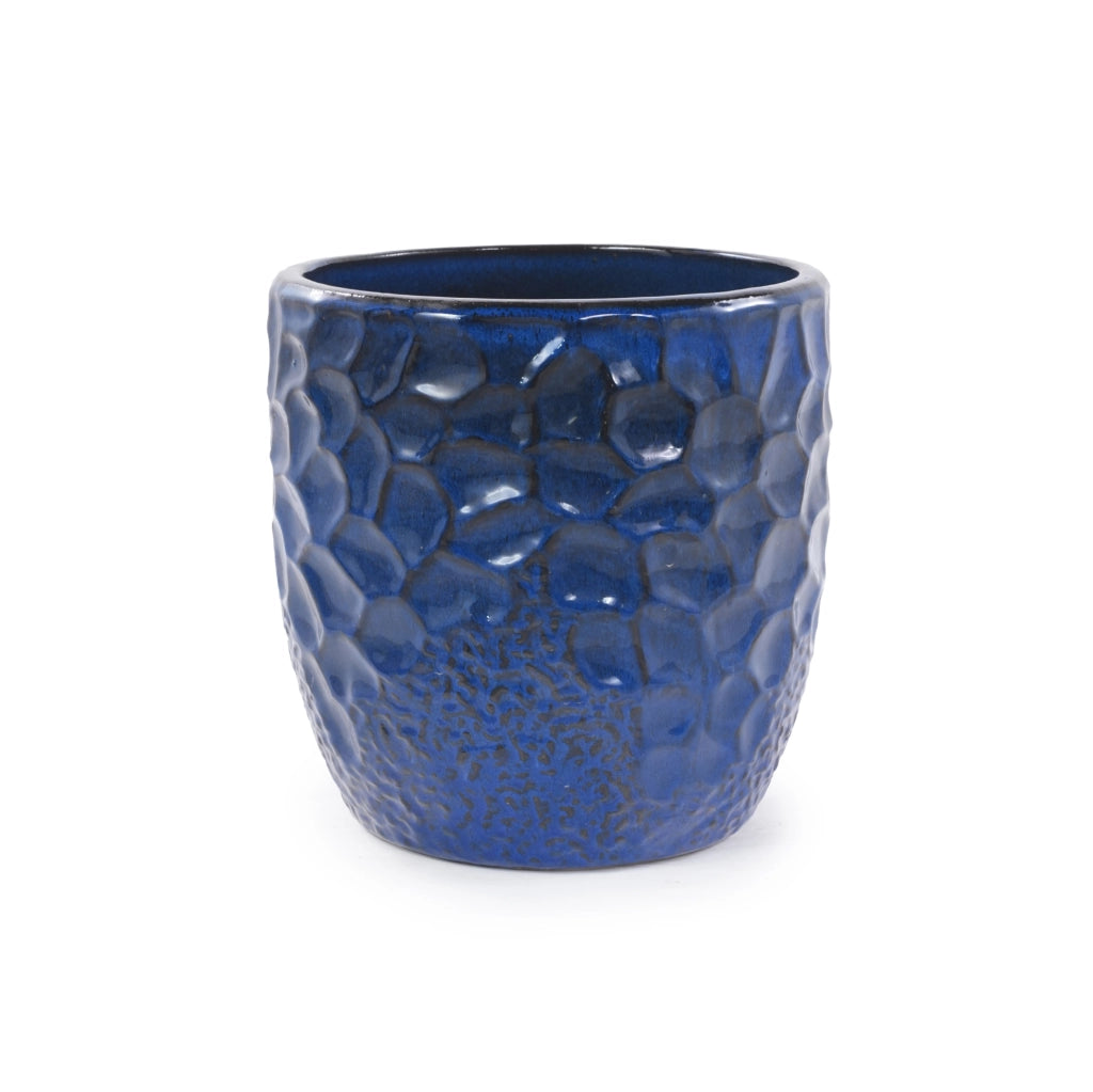 Set di 4 vasi in ceramica artigianali, smaltati blu intenso con rilievo martellato, Ø38/30/22,5/18 cm, con fori di drenaggio, resistenti al gelo per interno e giardino