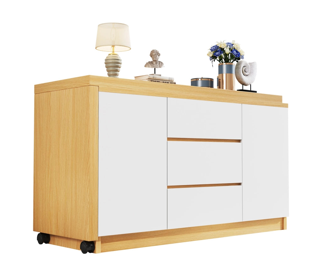 Scrivania girevole 360° 120x50x76;5 cm con 3 cassetti e 2 ante in truciolare bianco e rovere