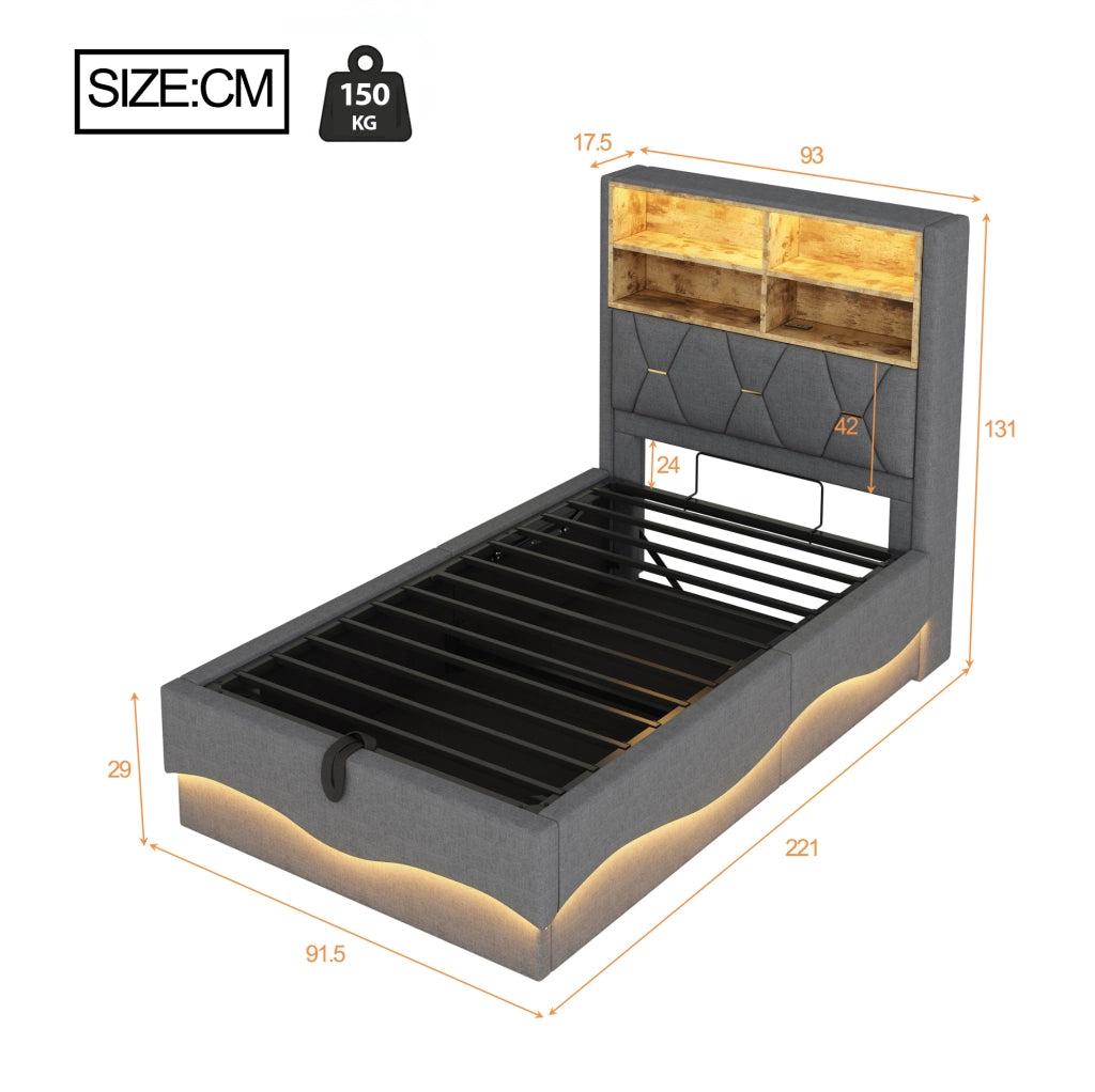 Letto per bambini e ragazzi 90x200 cm con LED, USB e contenitore, grigio in lino