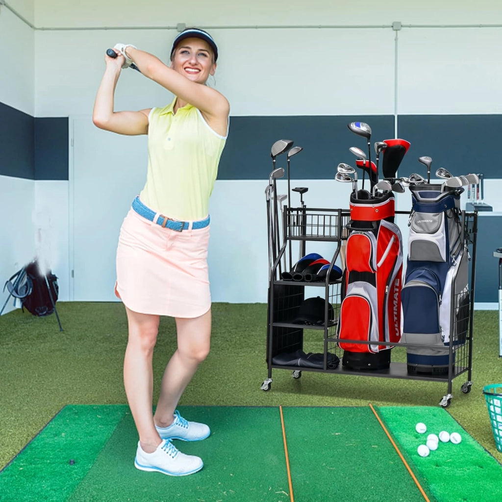 Organizer per Sacca da Golf per Garage, Carrello per 2 Borse da Golf con Ruote Bloccabili, Ganci e Tasche Porta Mazze da Golf, Organizer per Accessori da Golf e Attrezzature