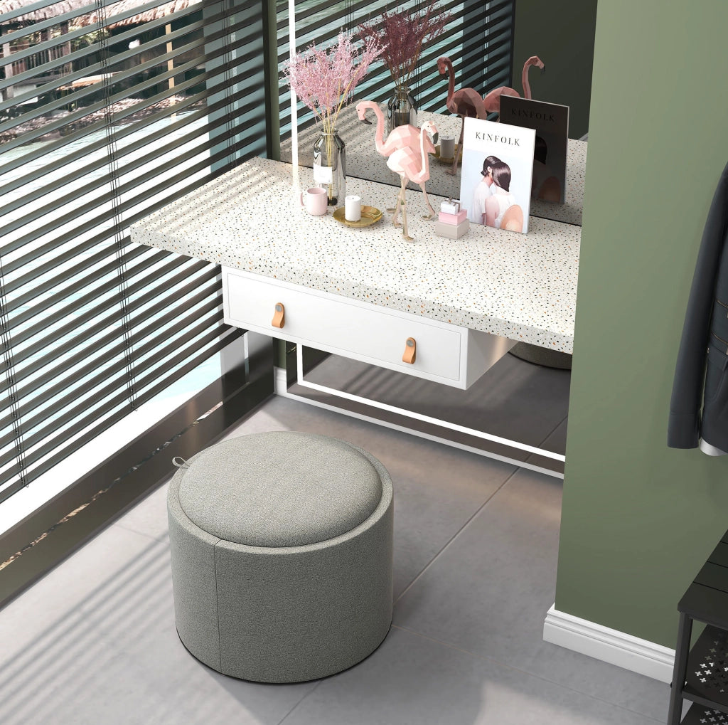 Pouf rotondo con contenitore e coperchio pieghevole in tessuto effetto lino grigio Ø56 x 42 cm