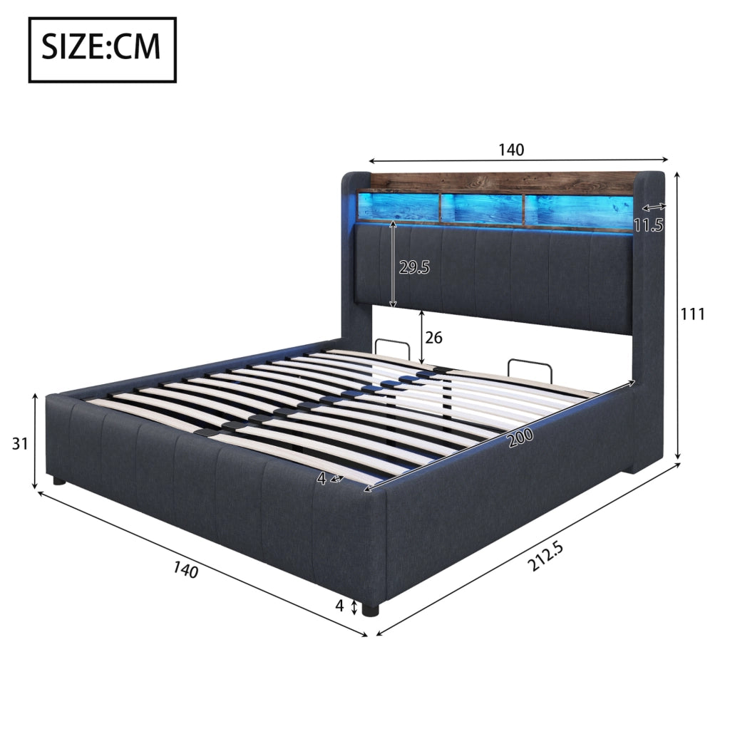 Polsterbett 140x200 cm con LED; USB e Type-C; contenitore idraulico; grigio