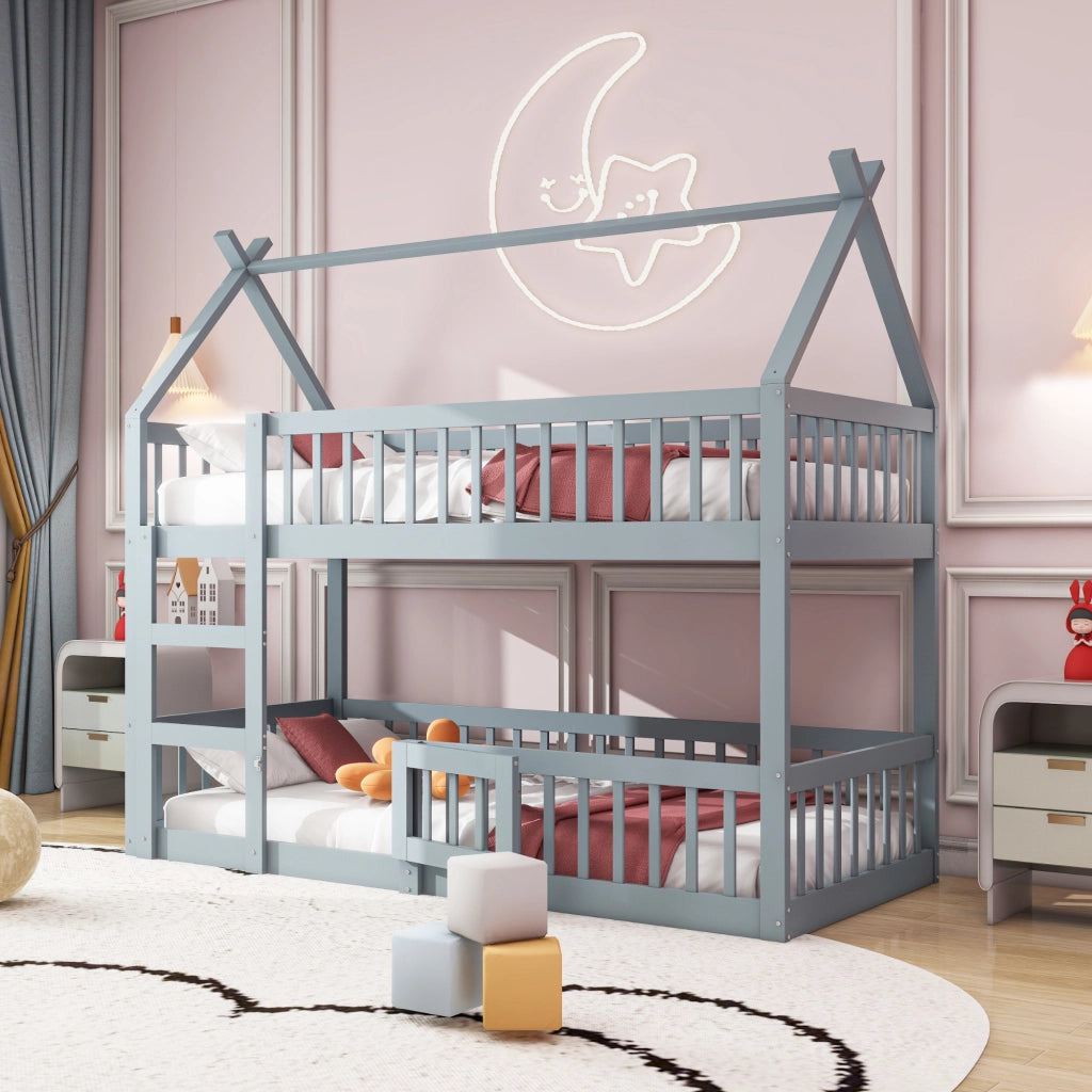 Letto a castello 90 × 200 cm due livelli con scala integrata in legno grigio