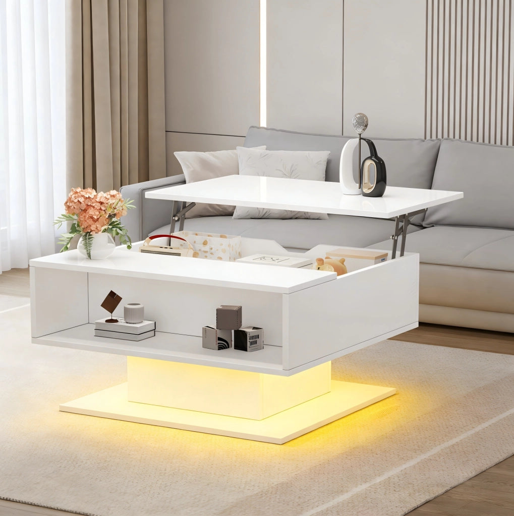 Tavolino da salotto sollevabile 80 x 75 x 40 cm bianco con LED