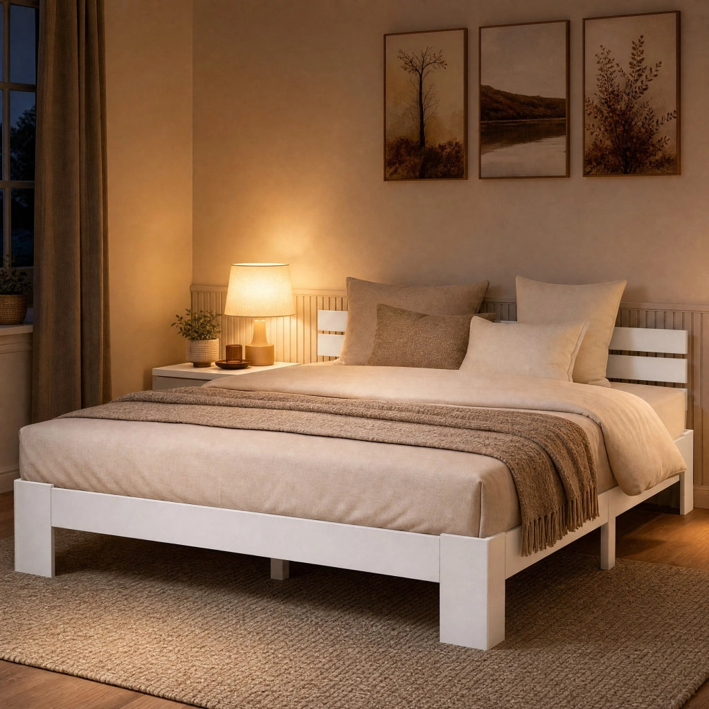 Letto matrimoniale 140 × 200 cm con testiera e rete a doghe in legno bianco portata massima 150 kg