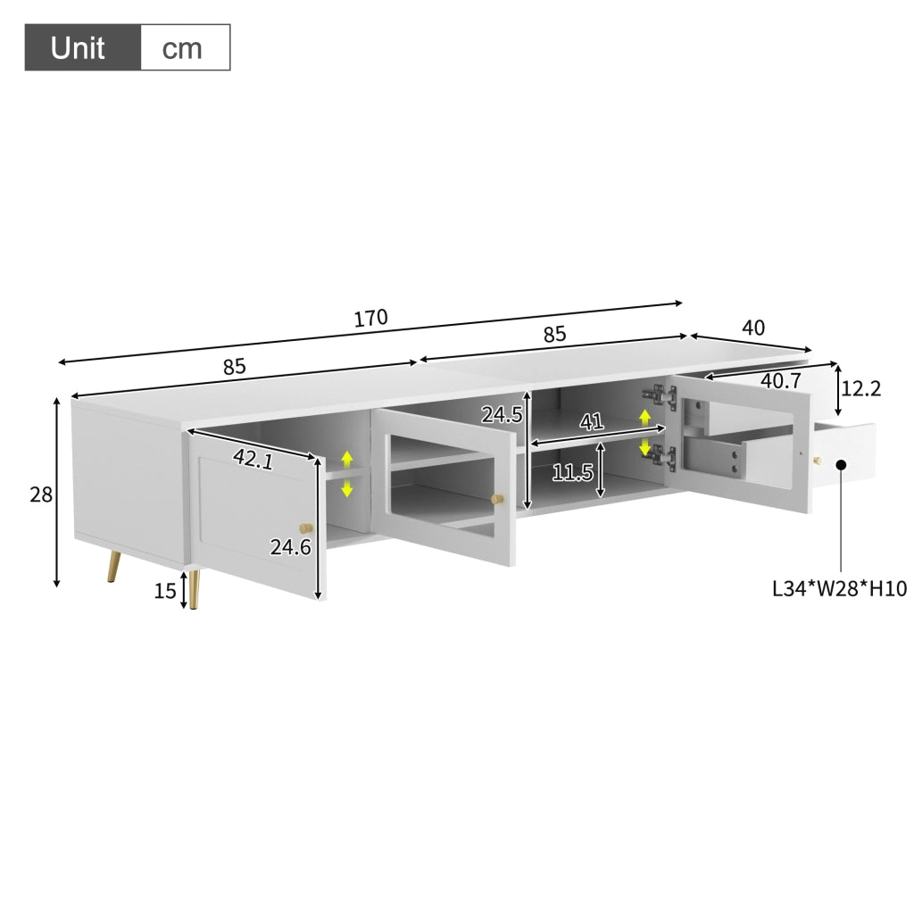 TV-LOWBOARD 170x40x28 cm Bianco in truciolare con 2 cassetti e 2 ante in vetro