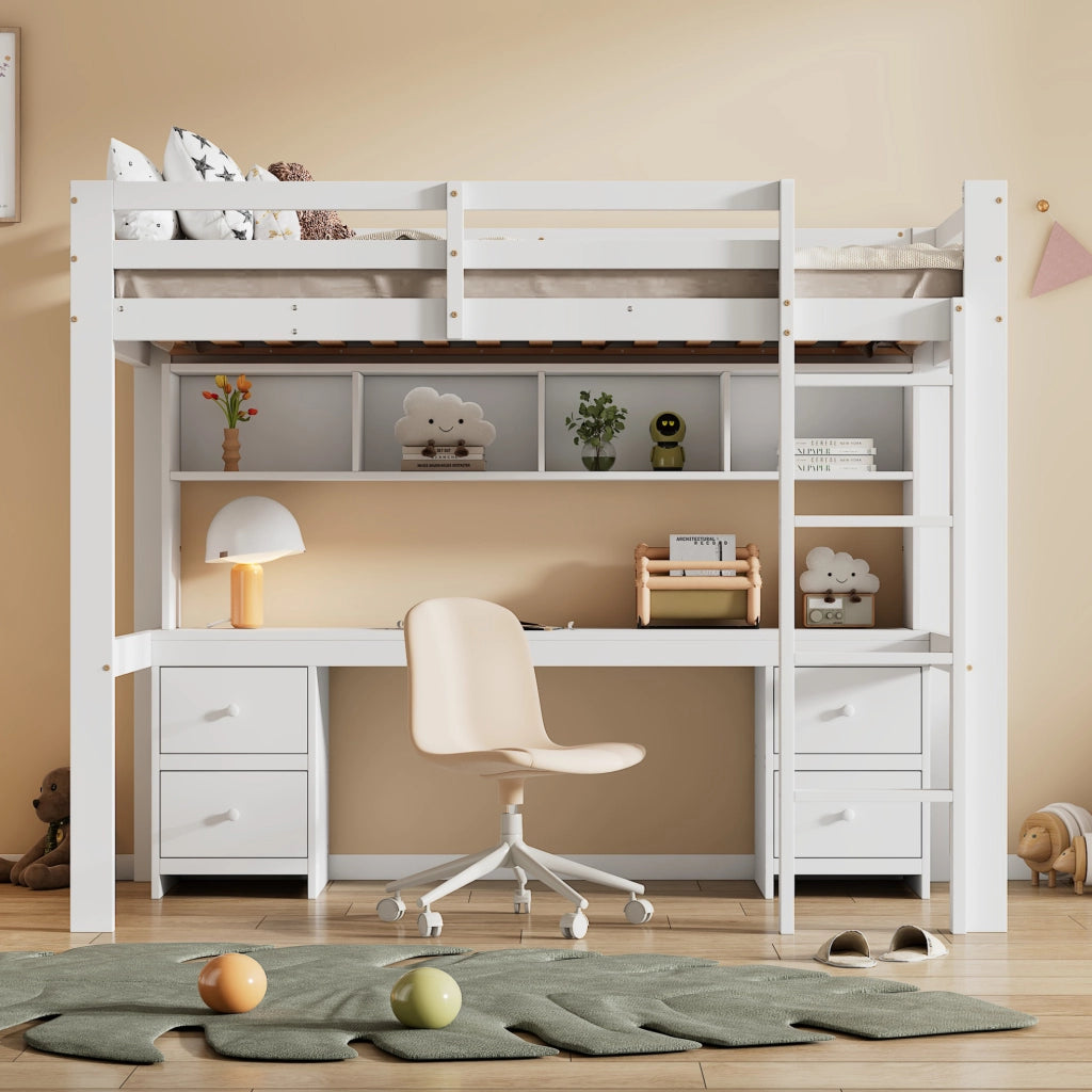 Letto a soppalco per bambini 90x200 cm in legno di pino bianco con scrivania e ampio spazio di stoccaggio