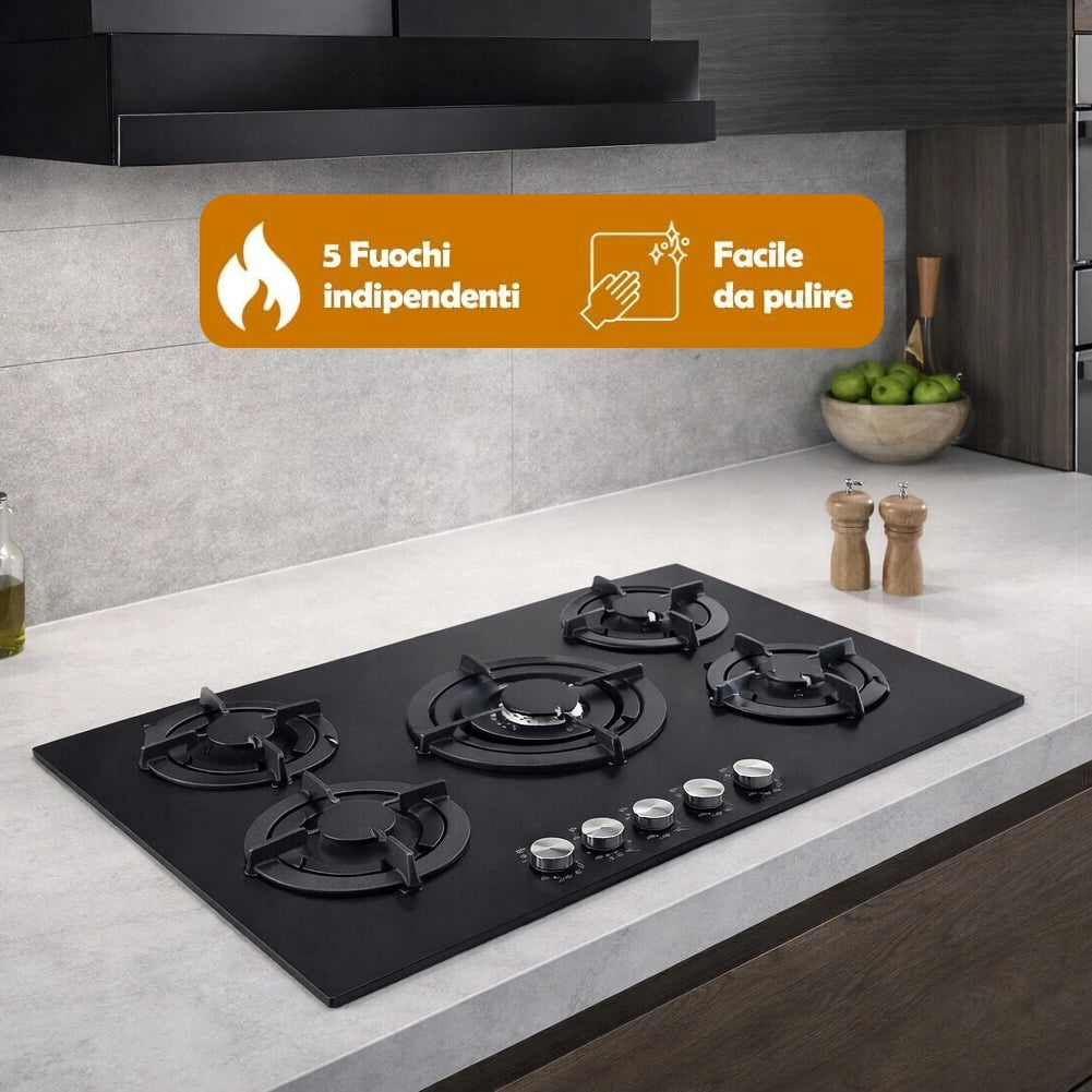 Piano Cottura a Incasso a Gas 5 Fuochi Vetroceramica Nero 90cm Valvola Sicurezza
