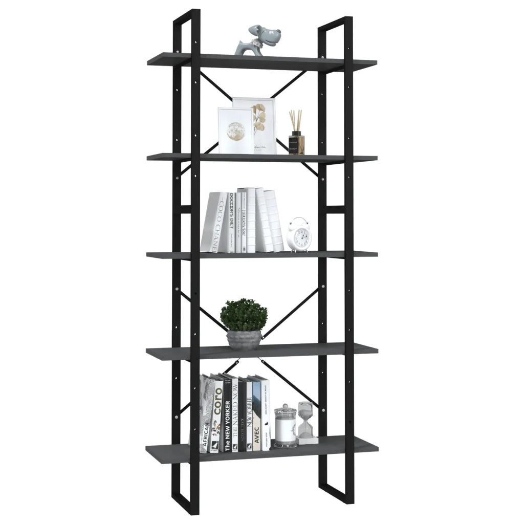 Libreria a 5 Ripiani-Scaffale per Libri-Mobile di Stoccaggio Grigia 80x30x175 cm in Legno Multistrato