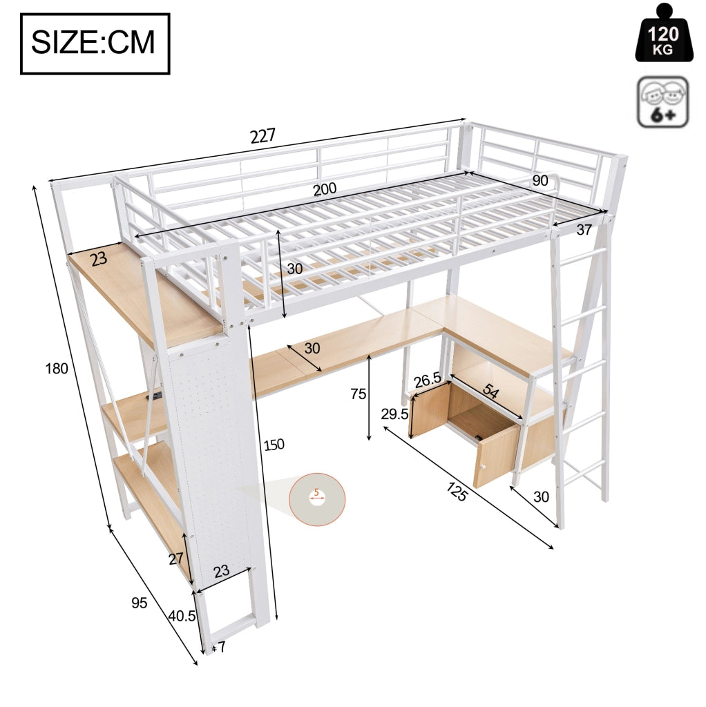 Letto a soppalco 90x200 cm in ferro con scrivania, LED, USB e ampi ripiani bianco