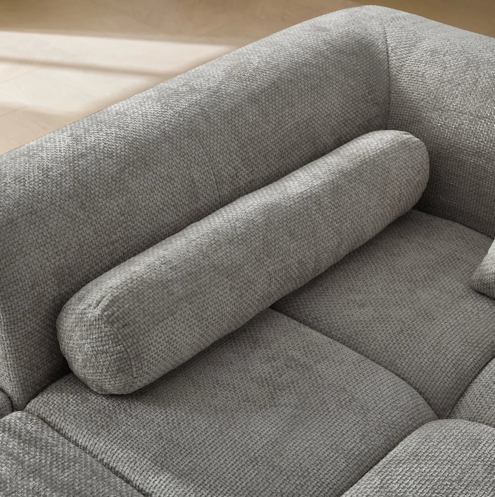 Divano angolare in tessuto chenille grigio chiaro 263 cm con schienale ergonomico e tasca laterale porta riviste