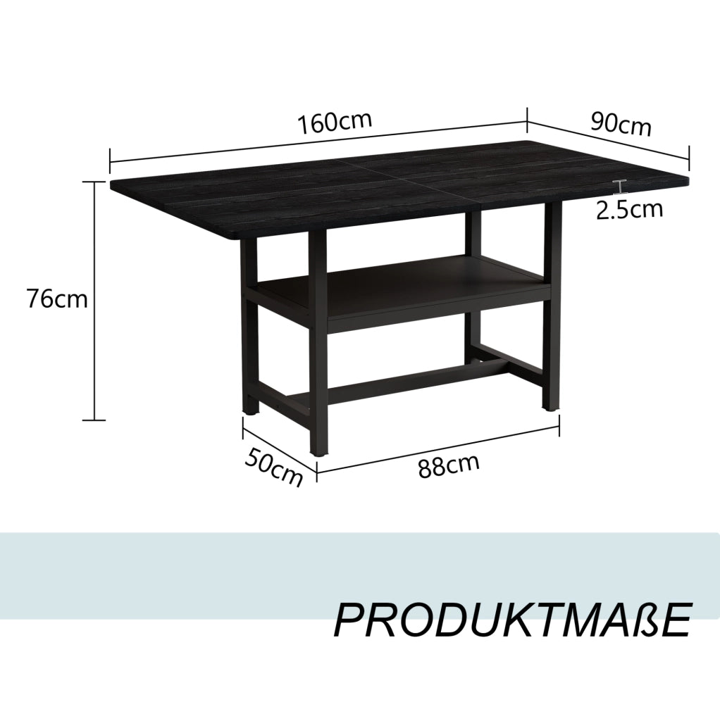 Tavolo da pranzo 160x90x76 cm nero in MDF e metallo, stile industriale, 4-6 persone