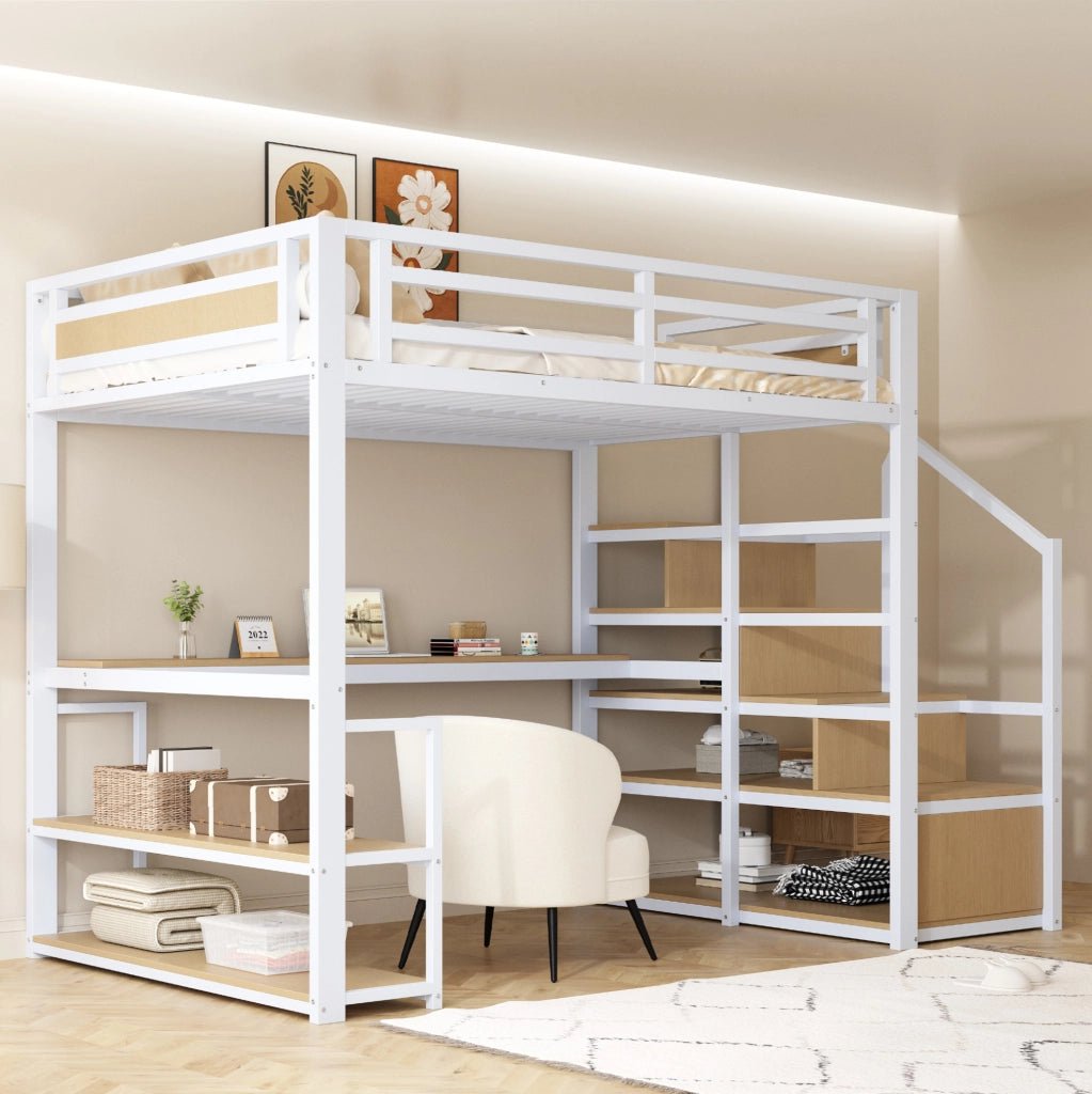 Letto a soppalco in metallo 140x200 cm con scrivania, scaffali e scala contenitore, bianco
