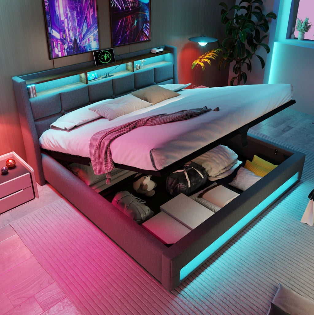 Letto imbottito LED con USB 140x200 cm, design vintage e contenitore