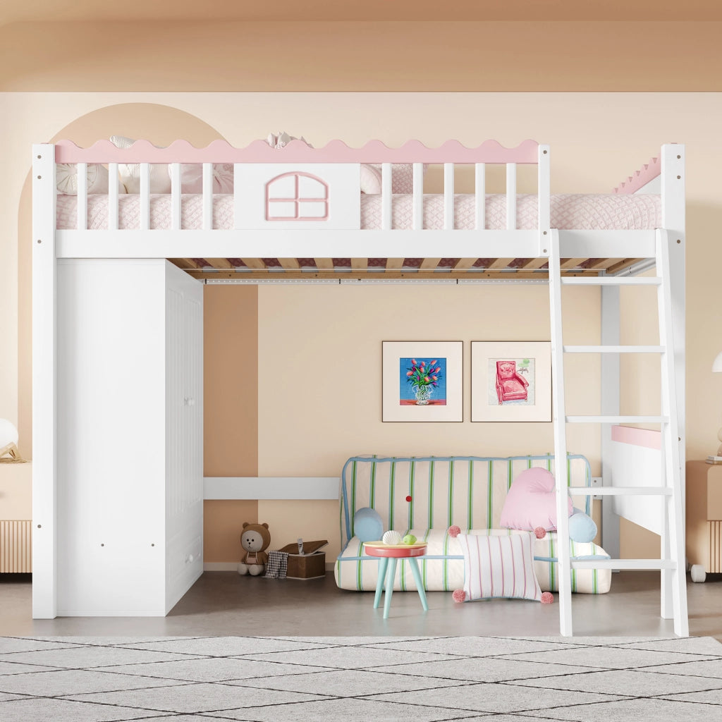 Letto a soppalco per bambini 90 × 200 cm con armadio, cassetto e illuminazione LED, senza materasso, bianco