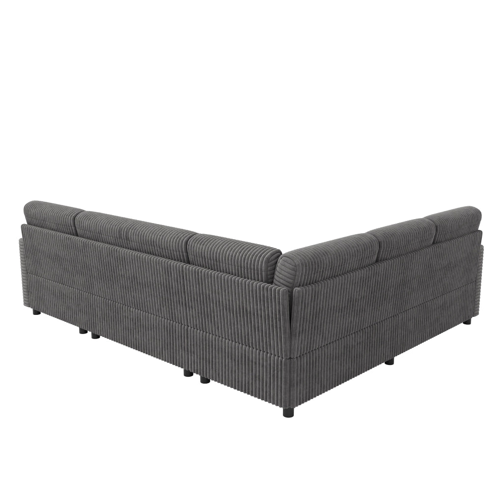 Divano panoramico a U con funzione letto estraibile e vano contenitore, in velluto a coste grigio, 274 × 220 × 85 cm