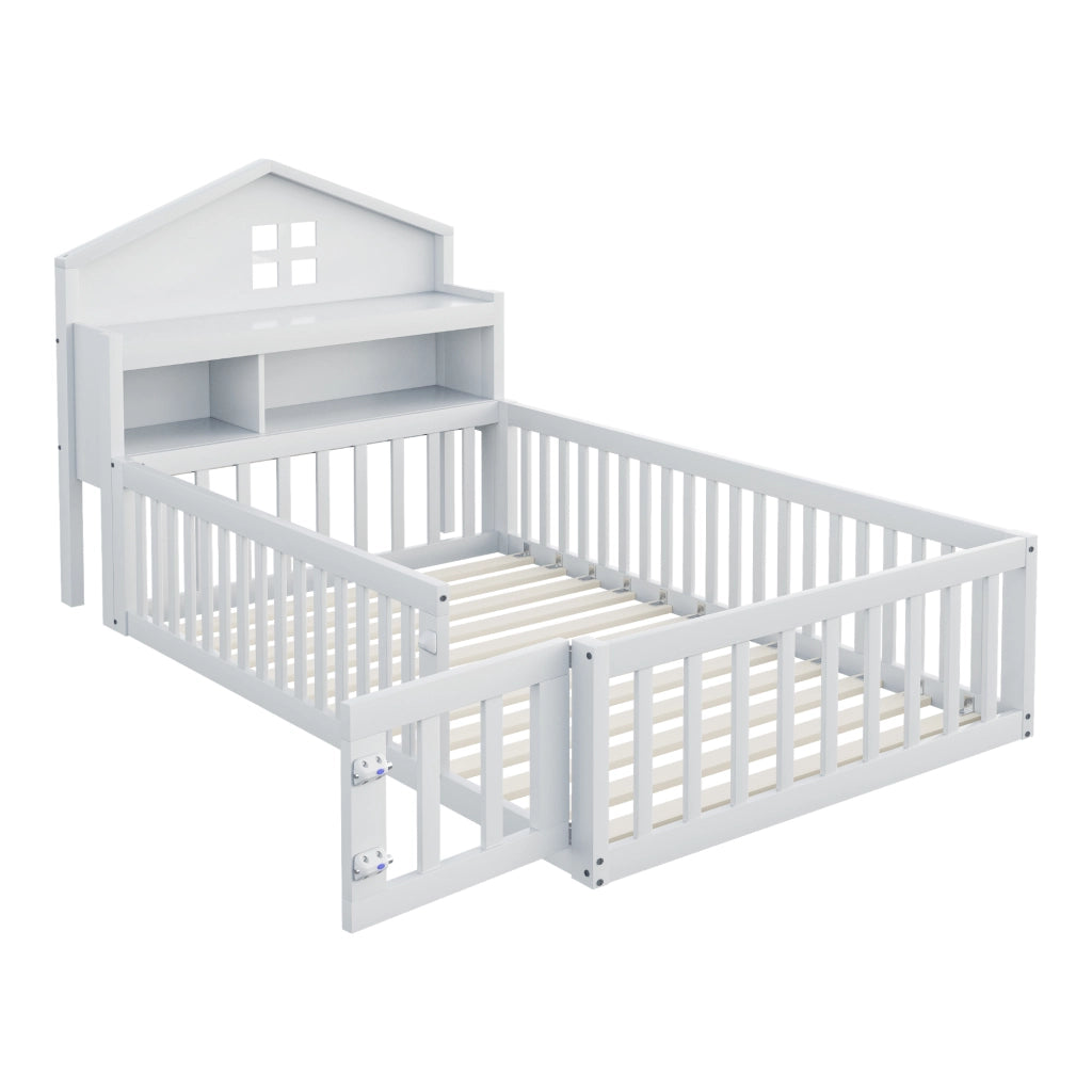 Letto a casetta per bambini 90 x 200 cm in legno massello; bianco; con sponde e scaffali
