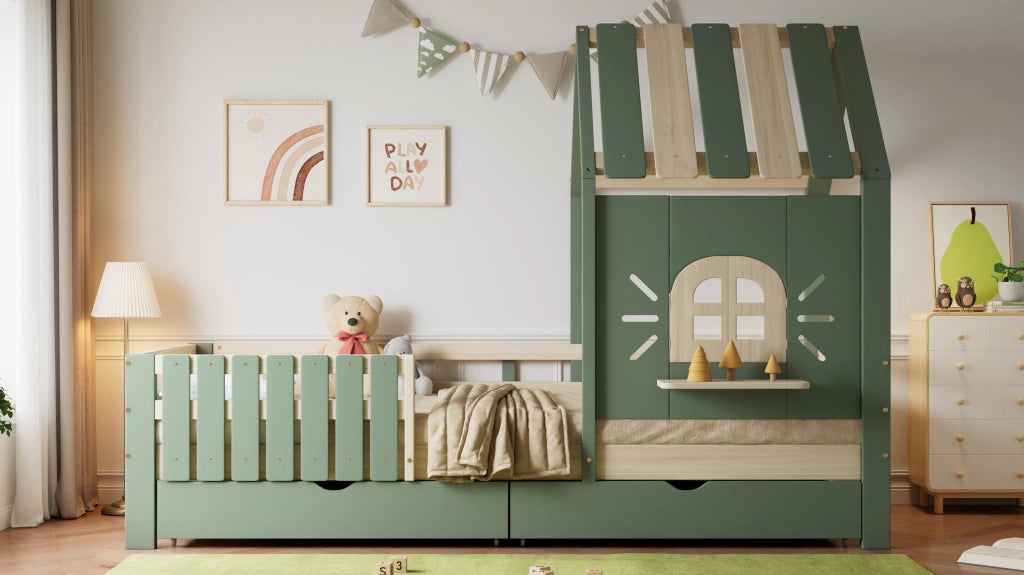 Letto a casetta per bambini 90x200 cm in pino e MDF; verde e naturale; con 2 cassetti; tetto e finestra per cameretta