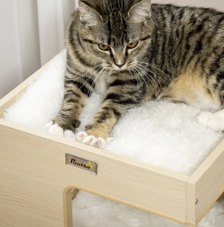 Cuccia per gatto 34 x 34 x 60 cm in legno naturale e grigio chiaro con gioco