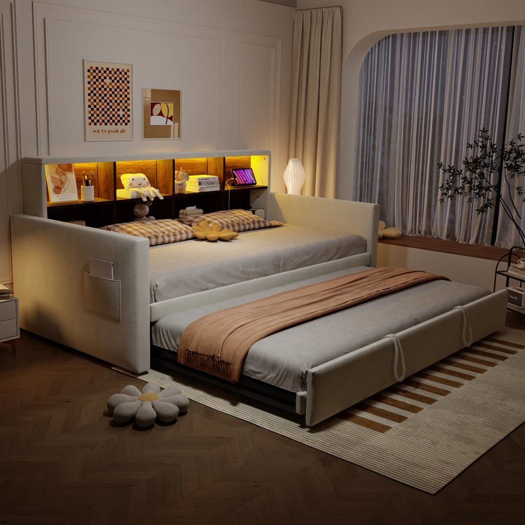 Letto singolo imbottito 90 × 190 cm estraibile in velluto beige con testiera LED prese e vani portaoggetti