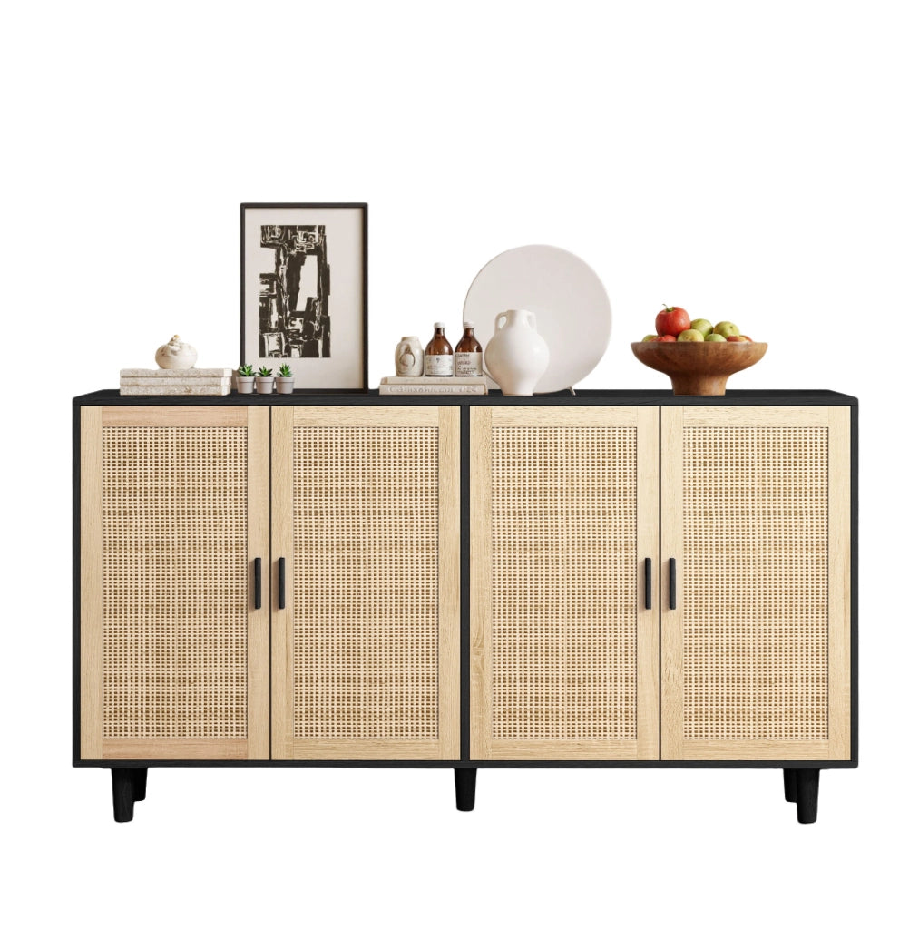 Mobile contenitore 4 ante in rattan 158 x 40 x 88 cm in truciolare nero