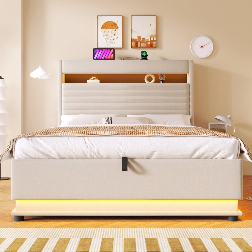 Letto imbottito contenitore 140x200 cm con USB; Type-C; LED e sollevamento idraulico; beige