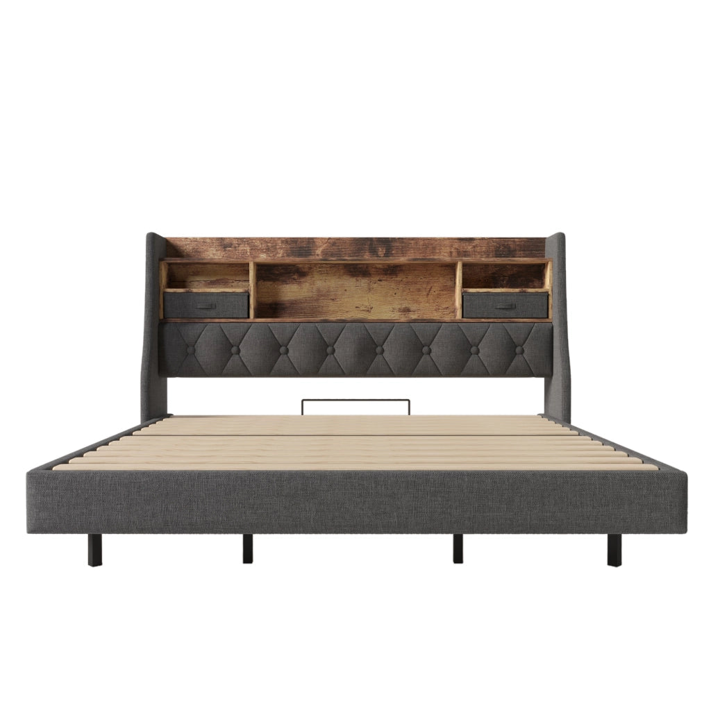 Letto matrimoniale 180 × 200 cm 2 posti con LED; testiera contenitore; USB e Type-C; senza materasso; lino grigio