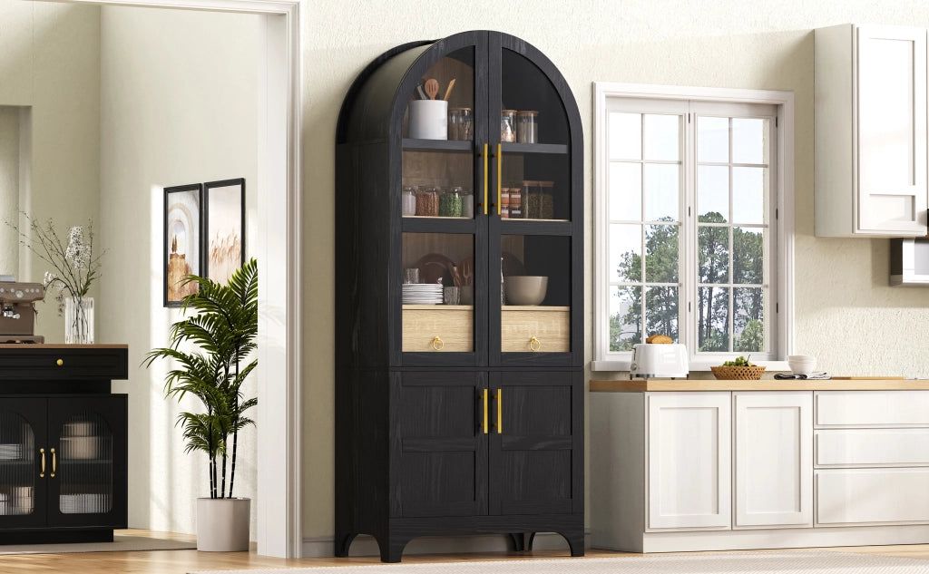 Credenza alta da cucina con ripiani regolabili; cassetto e ante in vetro rigato MDF nero 76 × 40 × 180 cm